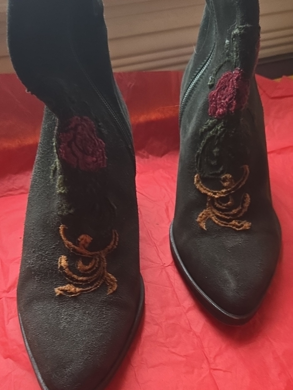 Sundance Forest Green Suede Ankle Boots with Gorgeous Floral Embroidery